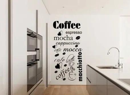 Adesivo da parete per la cucina con i nomi dei diversi tipi di caffè 100 x 200 cm
