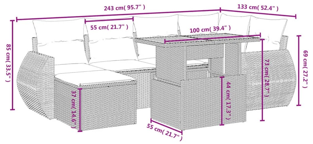 Set divani da giardino con cuscini 7pz nero polyrattan