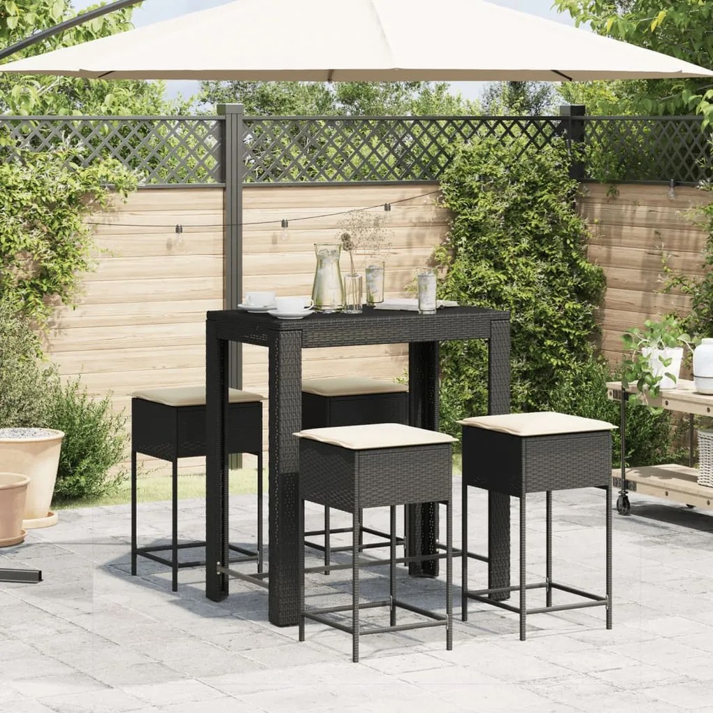 Set bar da giardino 5 pz con cuscini in polyrattan nero