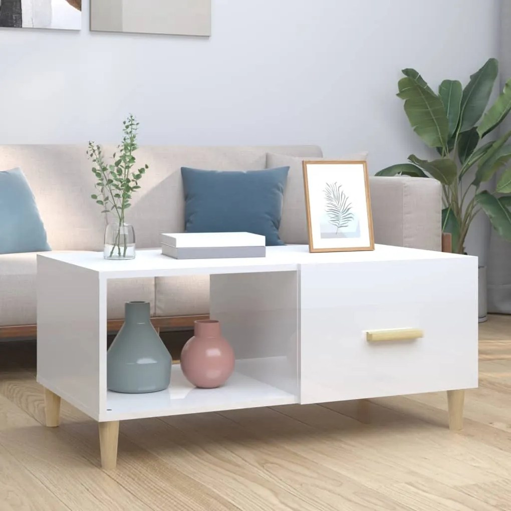 Tavolino Salotto Bianco Lucido 89,5x50x40 Cm Legno Multistrato /