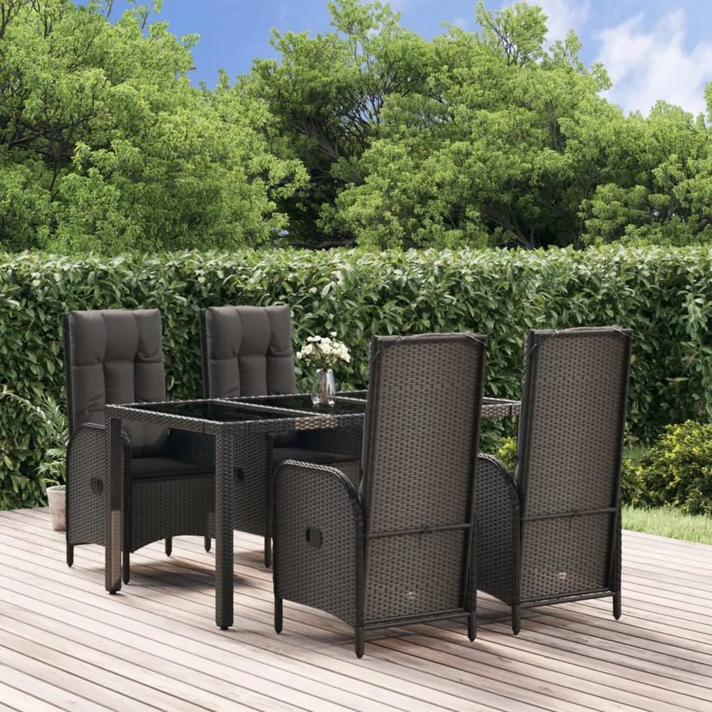 Set da pranzo da giardino 5 pz nero con cuscini in polyrattan