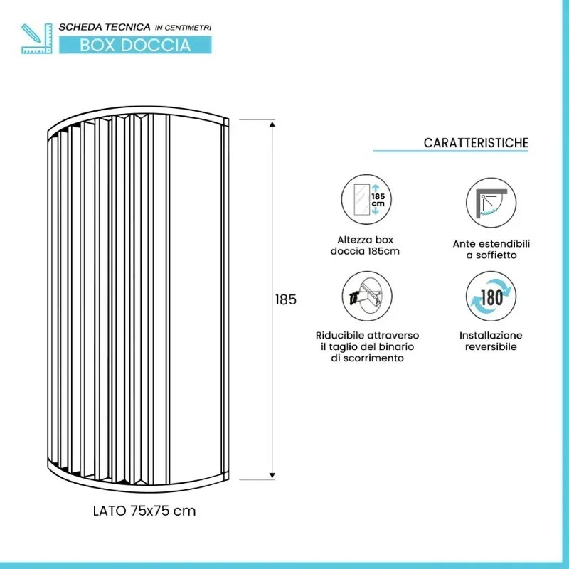 Box doccia 75x75 circolare a soffietto in PVC bianco apertura laterale e chiusura calamitata Teti