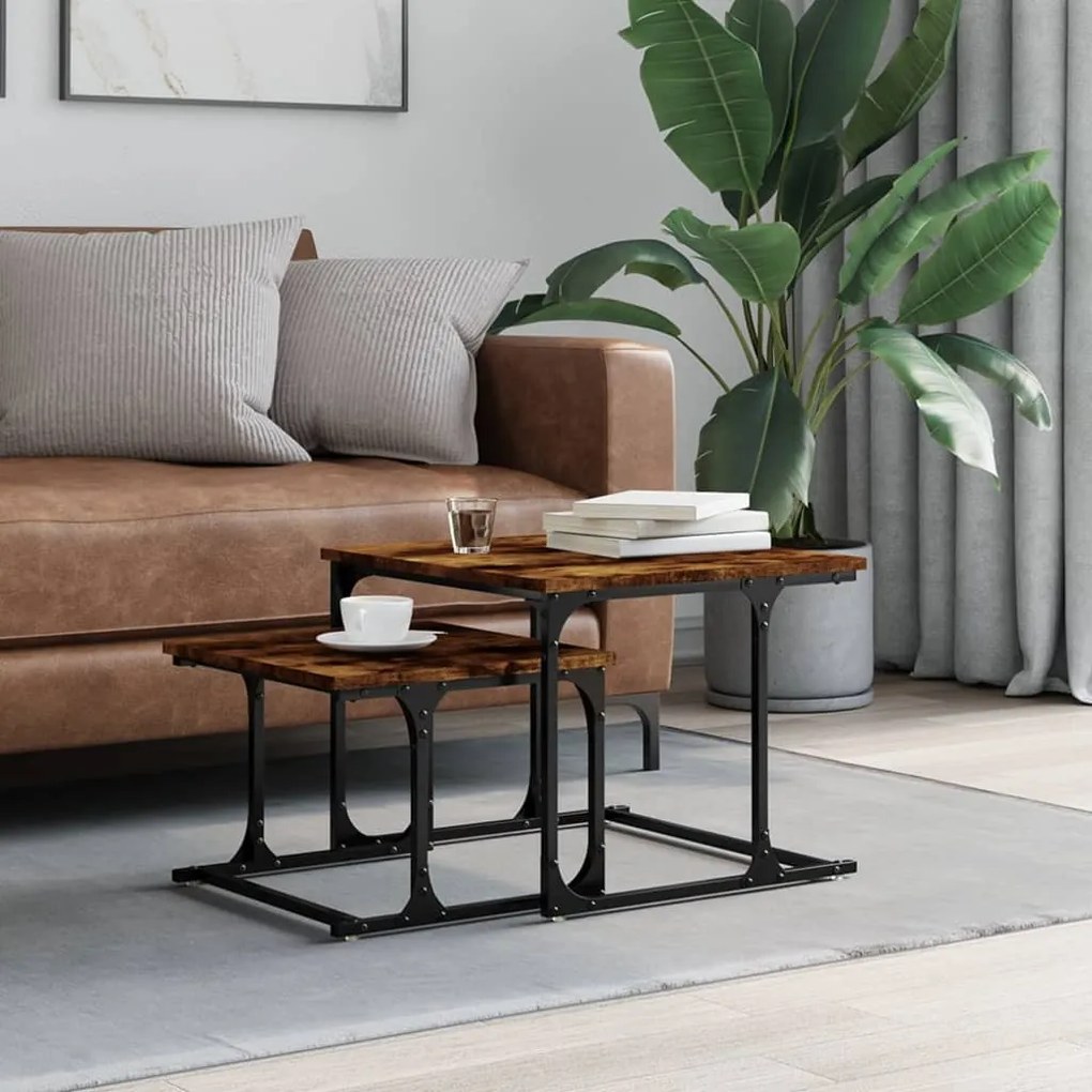 Tavolini Impilabili 2 Pz Rovere Fumo İn Legno Multistrato /