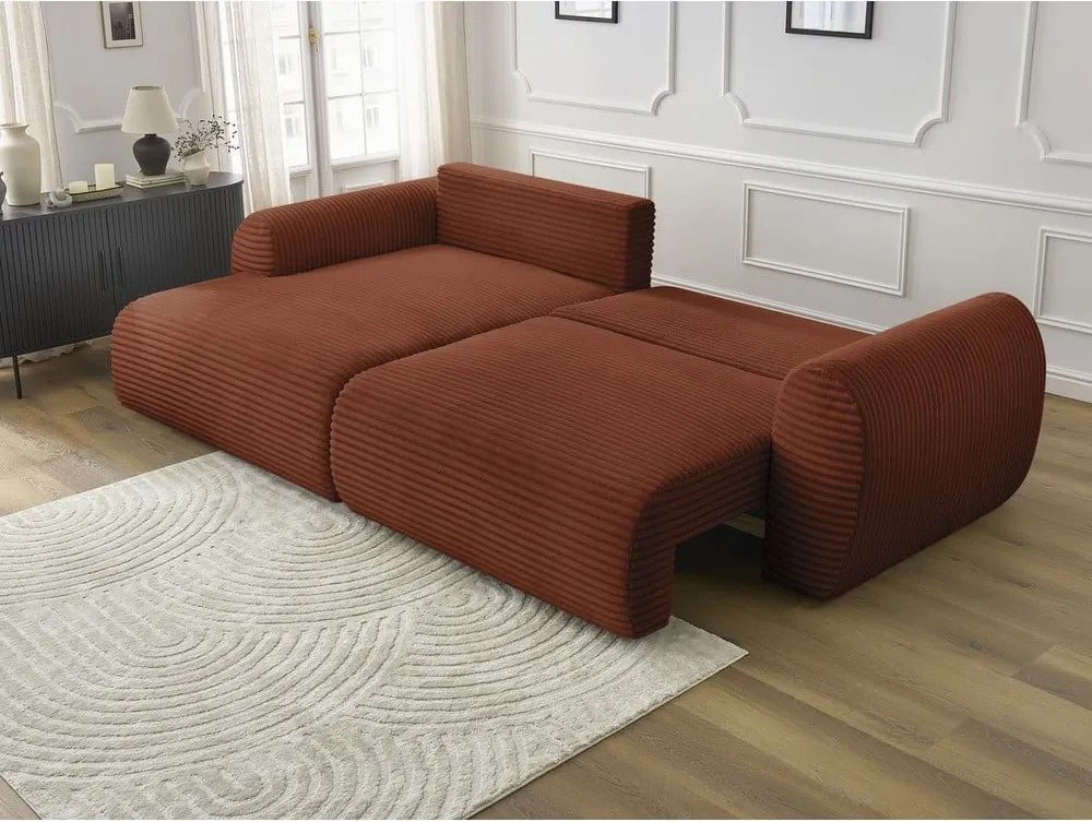 Divano angolare color mattone allungabile (con penisola a sinistra) con rivestimento in velluto a coste Lucien – Bobochic Paris