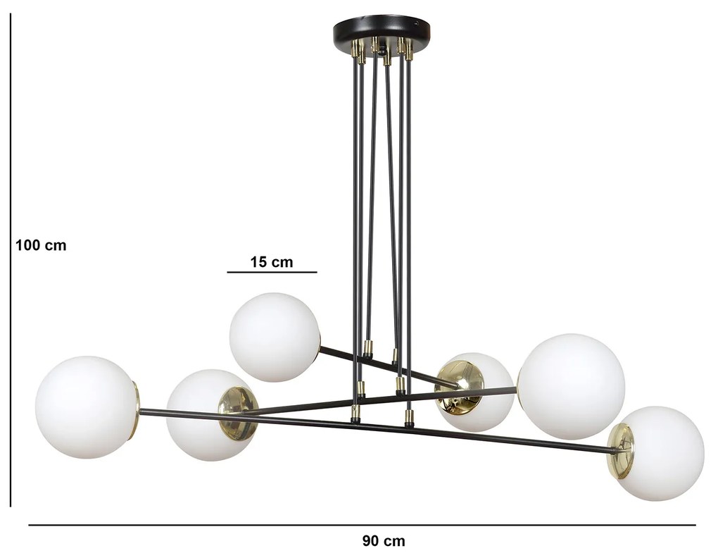 Lampadario Moderno 6 Luci Tsukuyomi In Acciaio Bianco E Oro E Vetro A Sfera Opale