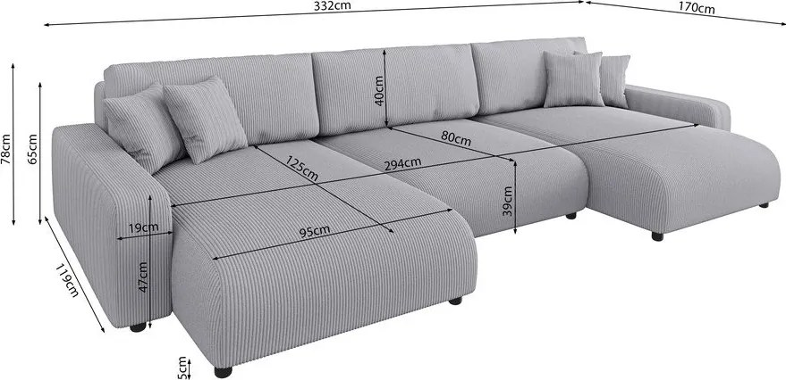 Divano angolare grigio chiaro allungabile/con contenitore (a U) con rivestimento in velluto a coste Sara – Ropez