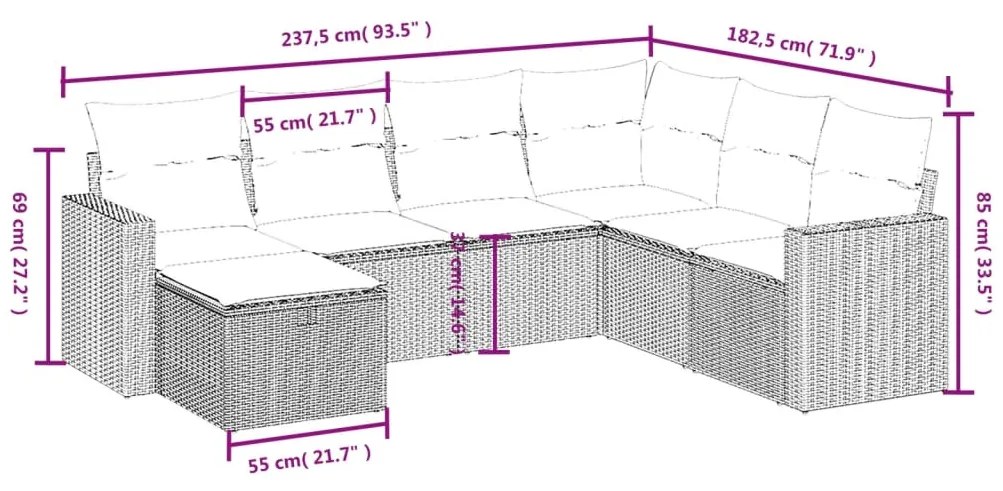 Set divani da giardino 7pz con cuscini grigio chiaro polyrattan