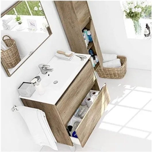 Mobile bagno 80 cm con colonna, lavabo e specchio rovere - Dakota 94611