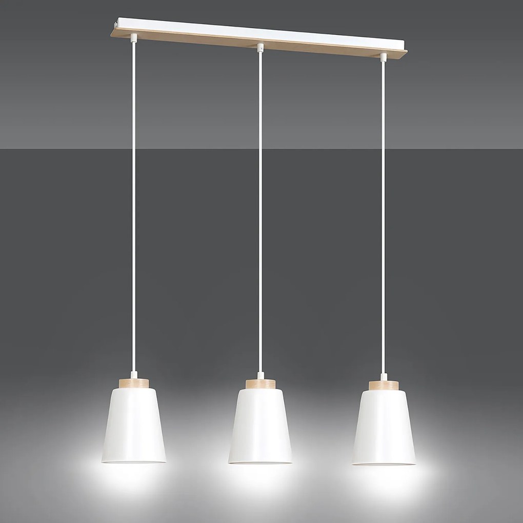 Lampadario 3 Luci Lancillotto Con Paralumi A Cono In Acciaio Bianco E Legno Naturale