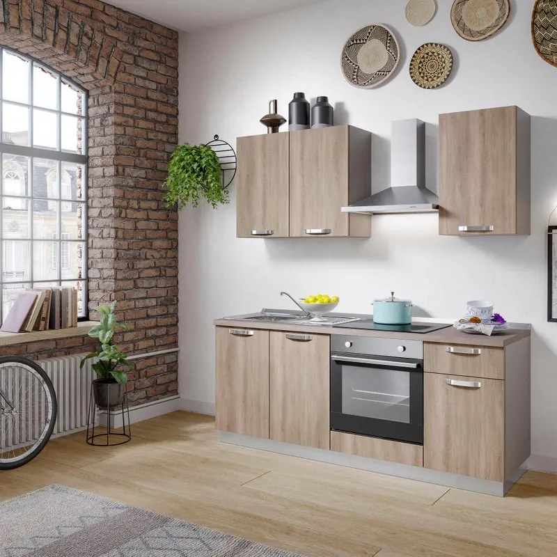 Cucina montata Dora rovere chiaro, lavello a sinistra, L 195 cm, completa di: cappa a camino, piano cottura a induzione, forno