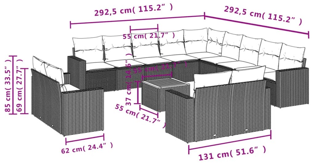 Set Divani da Giardino 14pz con Cuscini in Polyrattan Nero