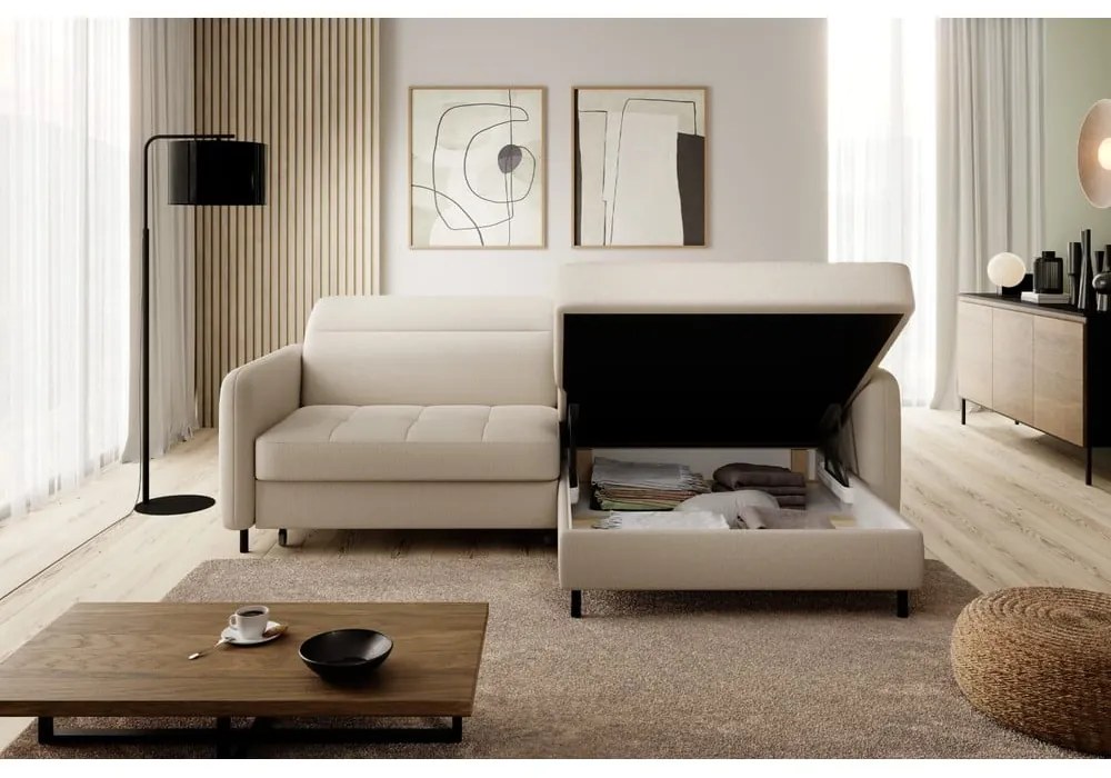 Divano angolare beige allungabile/con contenitore (con penisola a destra/con chaise lounge) e rivestimento in velluto Gomsi – ELTAP