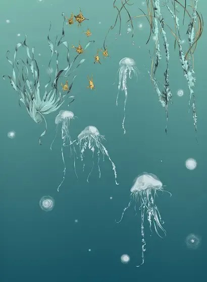 Edmond Petit Carta da parati Nautilus/ Méduses/ Nénuphars - Turquoise - Méduses droit - Turquoise