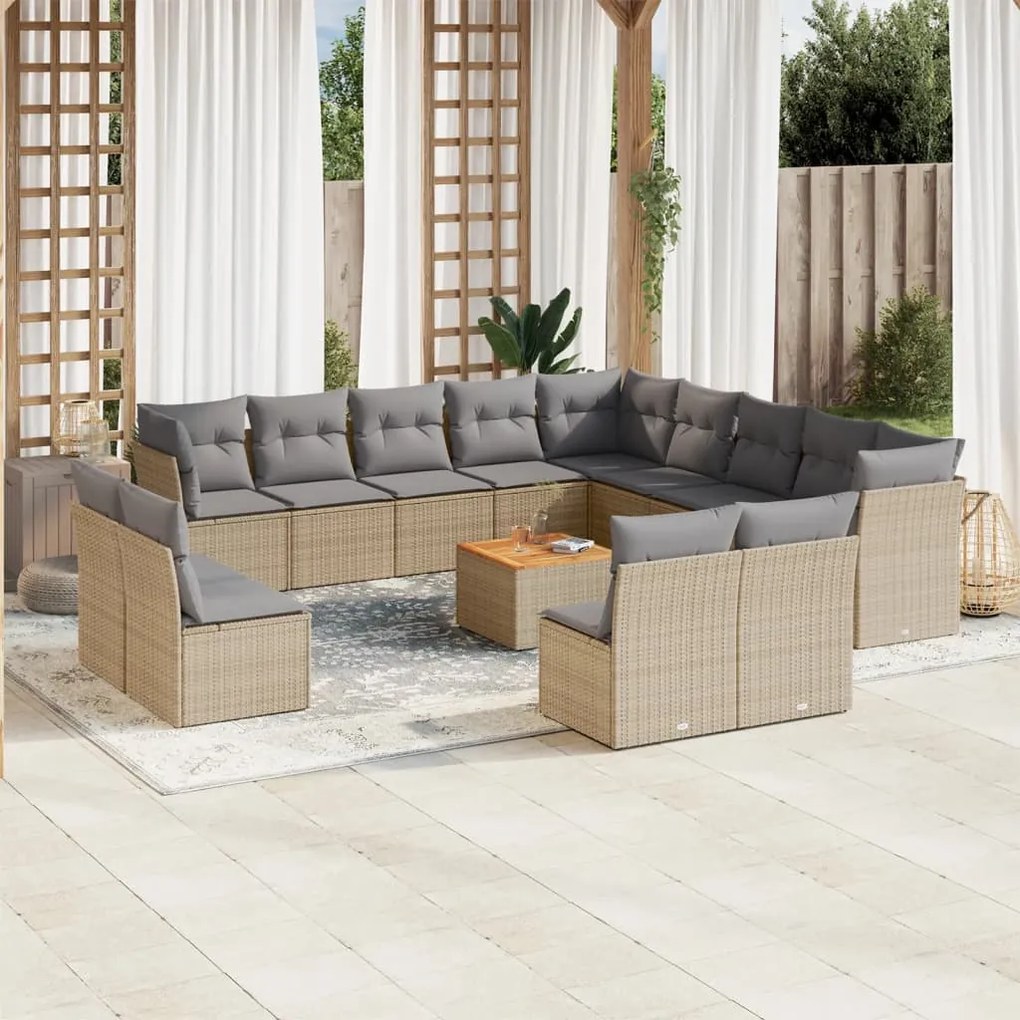 Set divani da giardino 14pz con cuscini in polyrattan beige