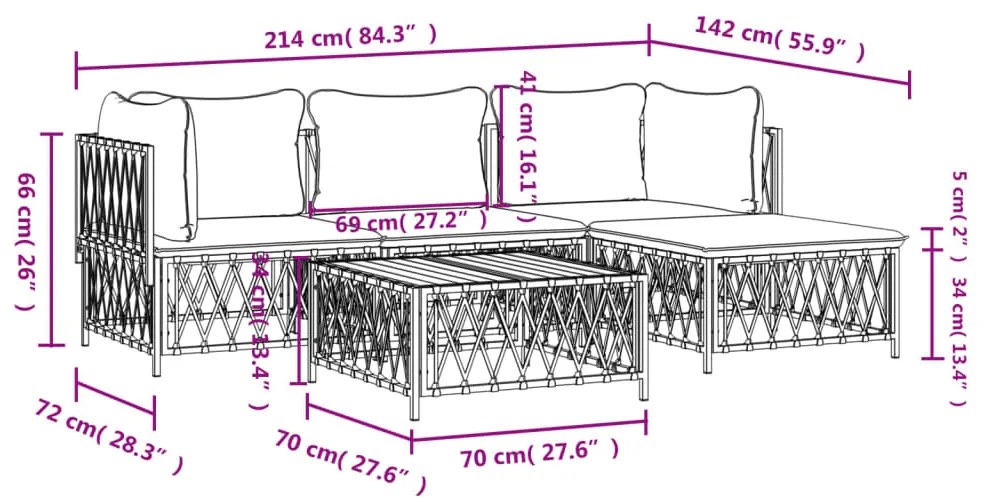 Set Salotto da Giardino 5 pz con Cuscini in Acciaio Bianco