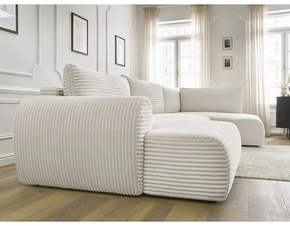 Divano angolare color crema allungabile/con contenitore (con penisola a destra/a U) con rivestimento in velluto a coste Lucien – Bobochic Paris