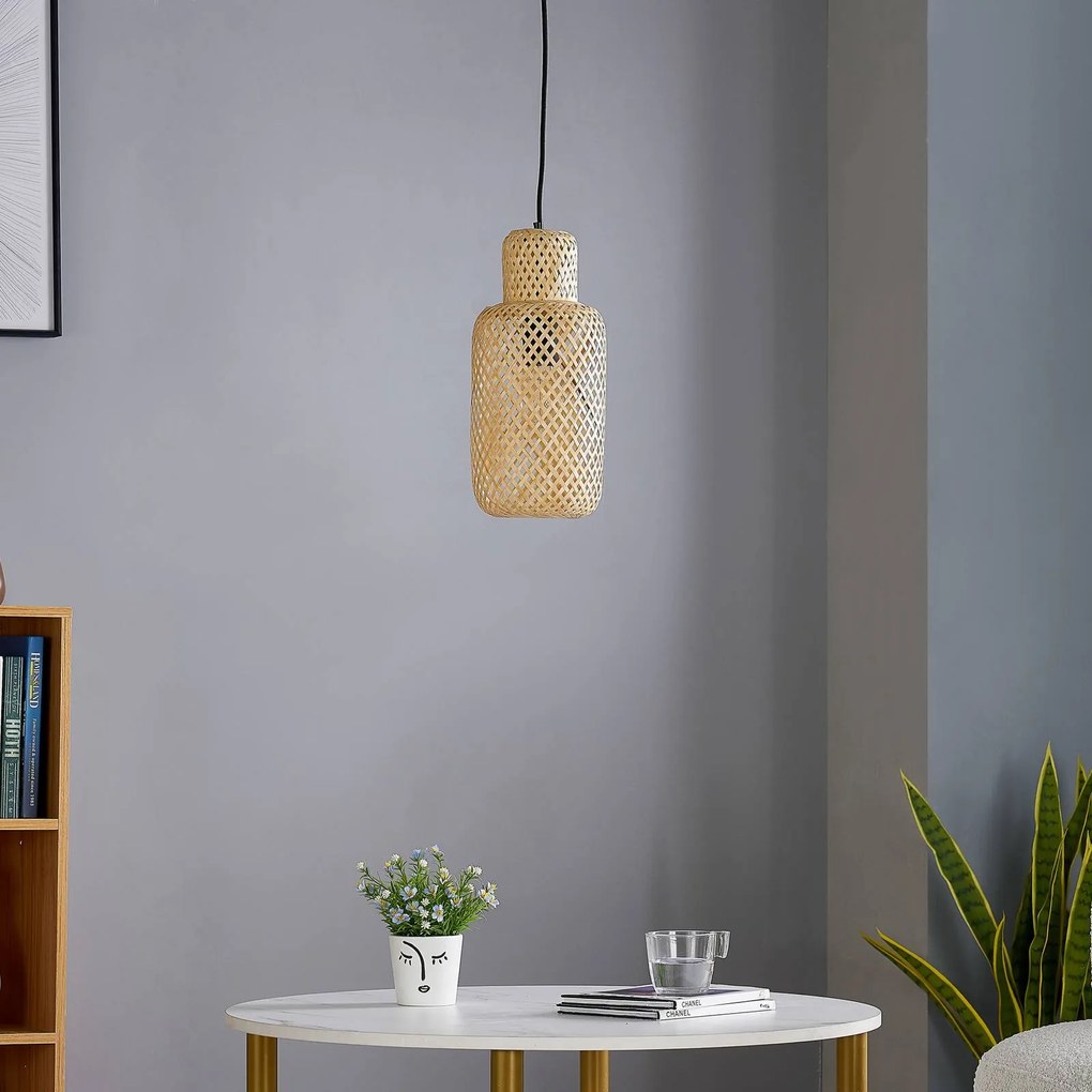 Lampada a sospensione Venora Lindby, dimmerabile, Legno chiaro, Soggiorno / Sala da pranzo, bambù, Campagna / Rustiche, Lampada a sospensione