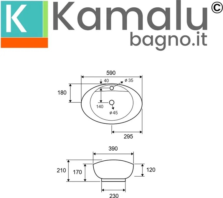 Lavabo da appoggio ovale design a bacinella in ceramica bianca | Litos-359 - KAMALU