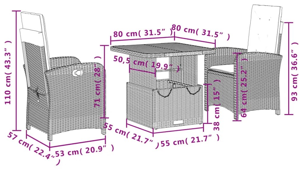 Set da Pranzo da Giardino 3 pz con Cuscini Nero in Polyrattan