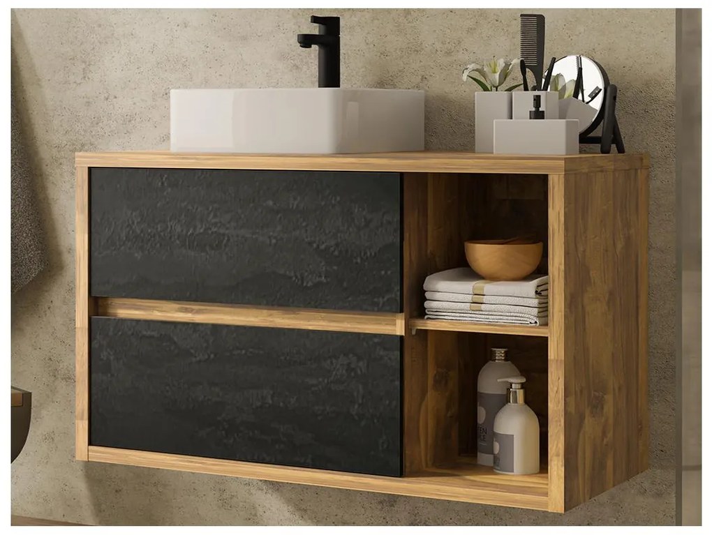 Mobile per bagno sospeso lavabo quadrato 100 cm Colore Naturale e Antracite - TIKITIKI