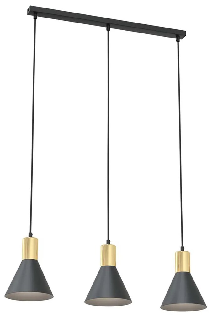 Lampadario 3 Luci Heimdall In Acciaio Nero E Paralumi Conici Nero E Oro