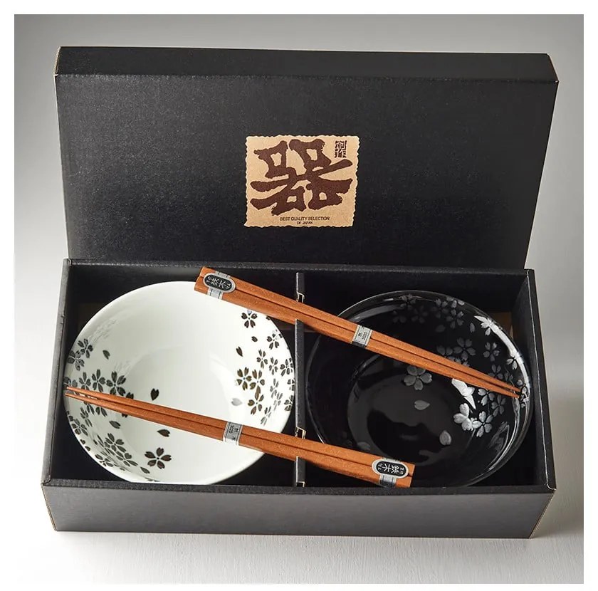 Set di 2 ciotole e bacchette in ceramica bianca e nera Sakura - MIJ