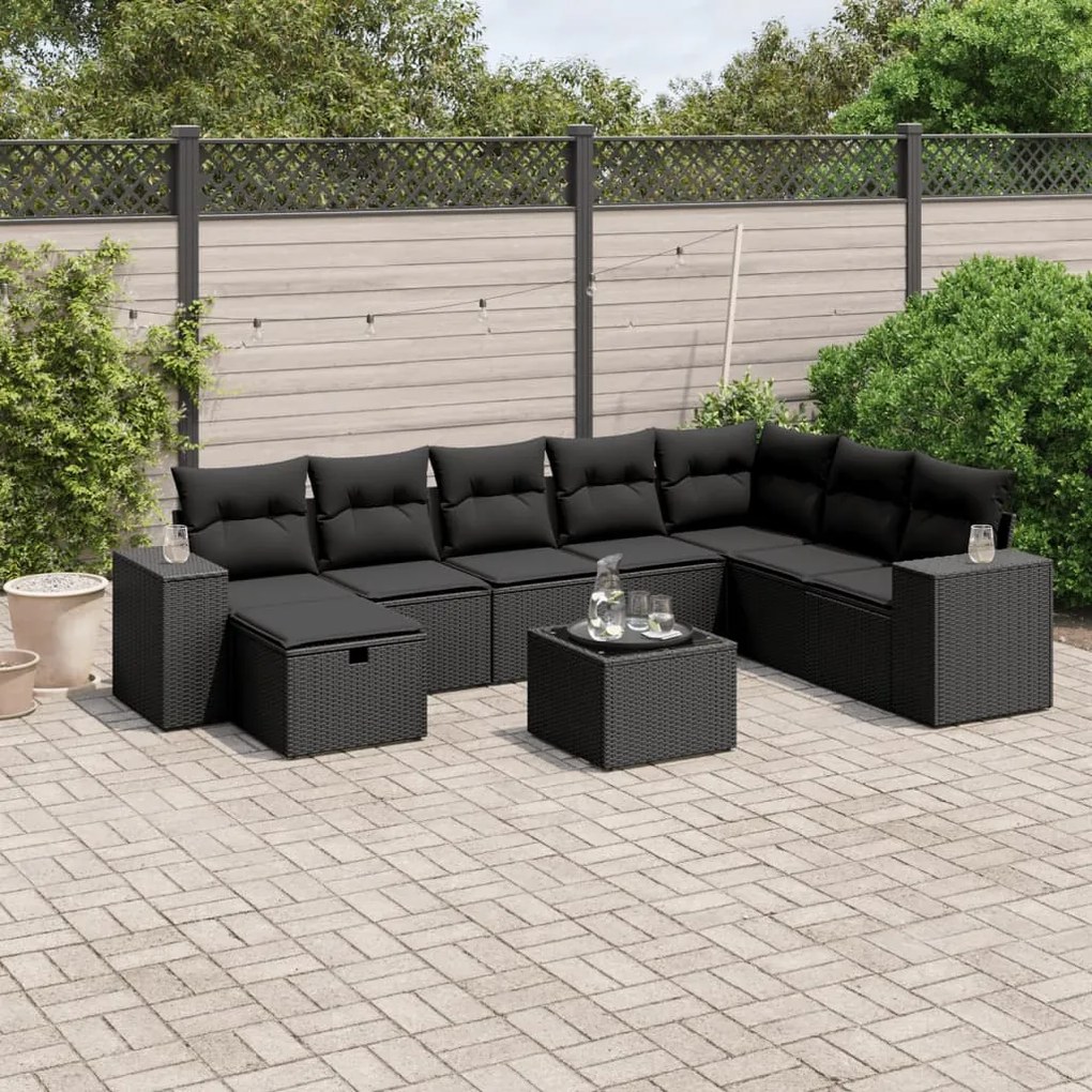 Set divani da giardino 9 pz con cuscini nero in polyrattan