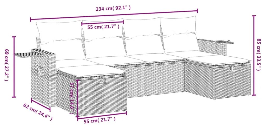 Set divano da giardino 6pz con cuscini grigio chiaro polyrattan