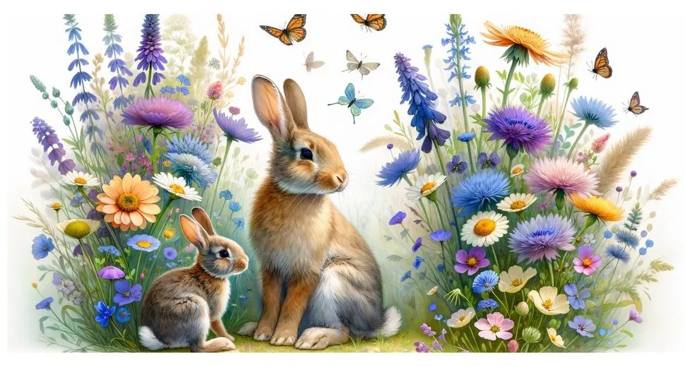 Quadro su tela – Fiori di campo e coniglietti tra le farfalle