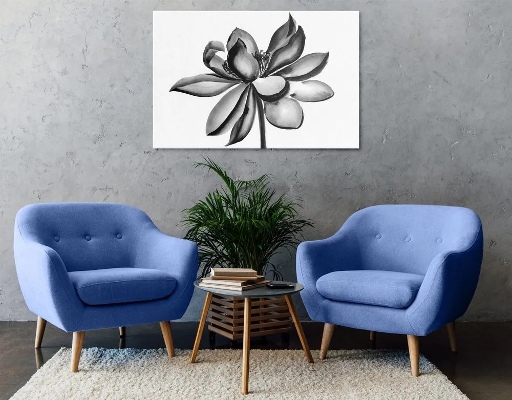 Quadro su tela – Fiore di loto acquerellato in bianco e nero