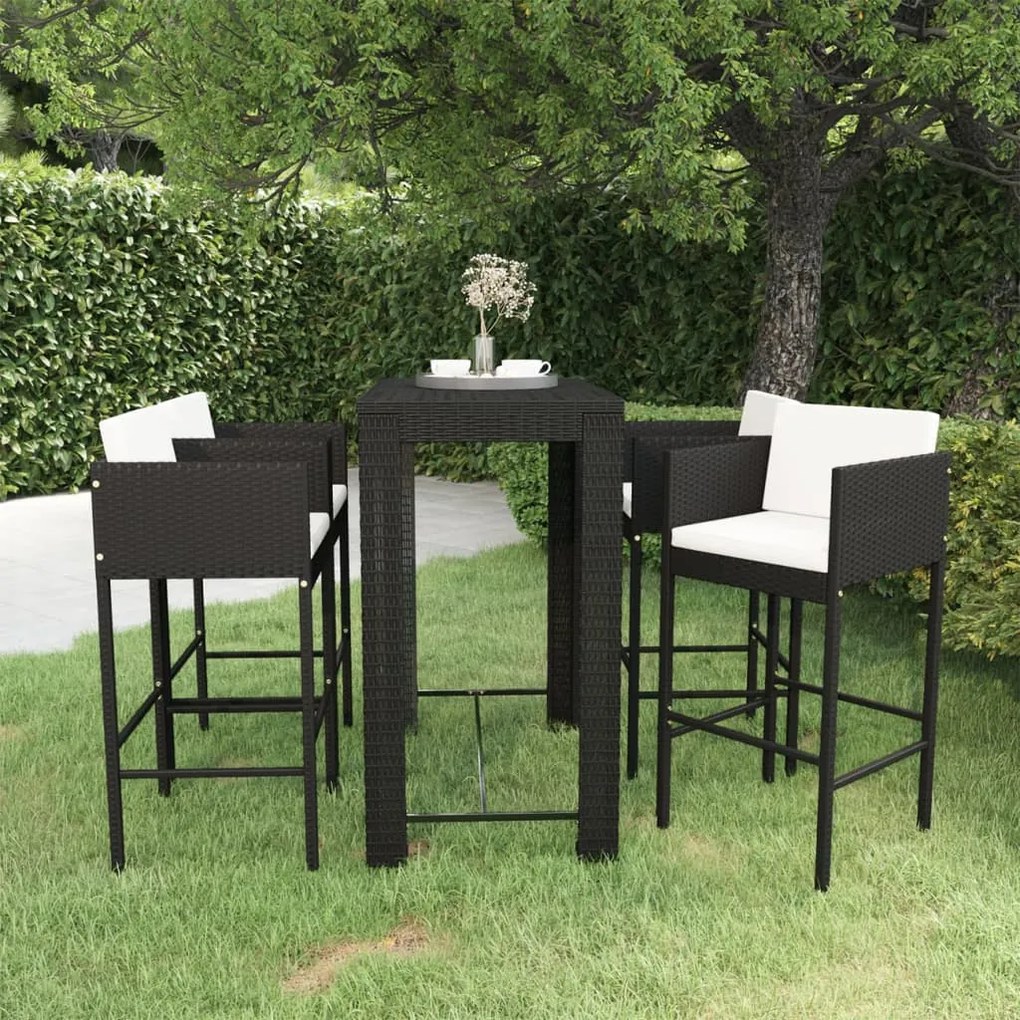 Set bar da giardino 5 pz con cuscini polyrattan nero