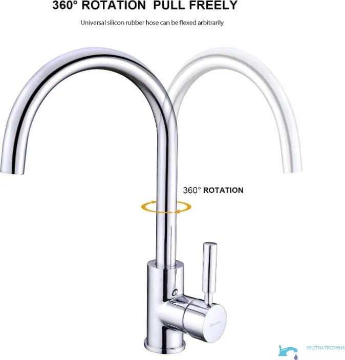 Rubinetto da cucina a bassa pressione EYN NT1311 da piano in ottone con bocca girevole, finiture cromo e argento