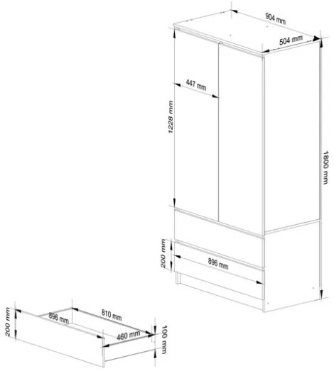 Armadio Guardaroba 2 Ante 2 Cassetti 90x50x180 Artika Bianca