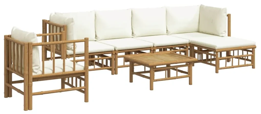 Set salotto da giardino 7pz con cuscini bianco crema in bambù