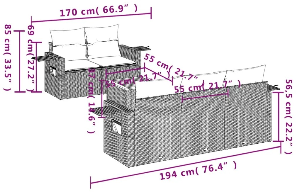 Set divano da giardino 6 pz con cuscini nero in polyrattan