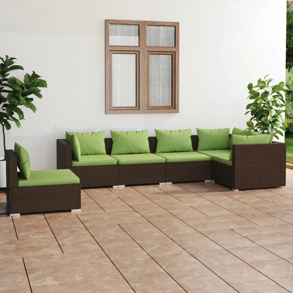 Set divani da giardino 6 pz con cuscini in polyrattan marrone