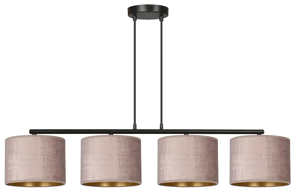 Lampadario 4 Luci Ganesha In Acciaio Nero E Paralumi In Tessuto Rosa