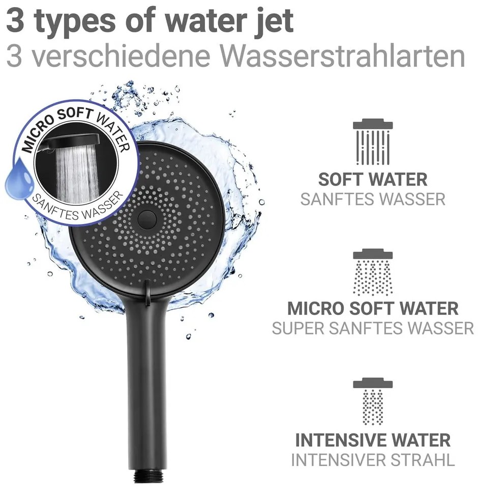 Soffione per doccia nero opaco in plastica ø 12 cm Softwater – Wenko