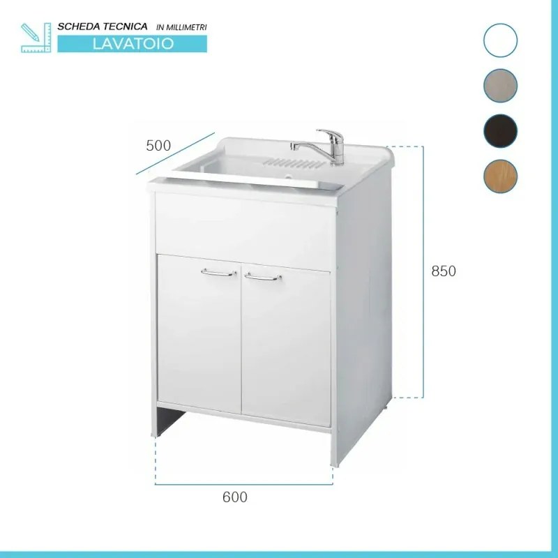 Mobile lavatoio 60x50 cm vasca in resina con asse e kit di scarico