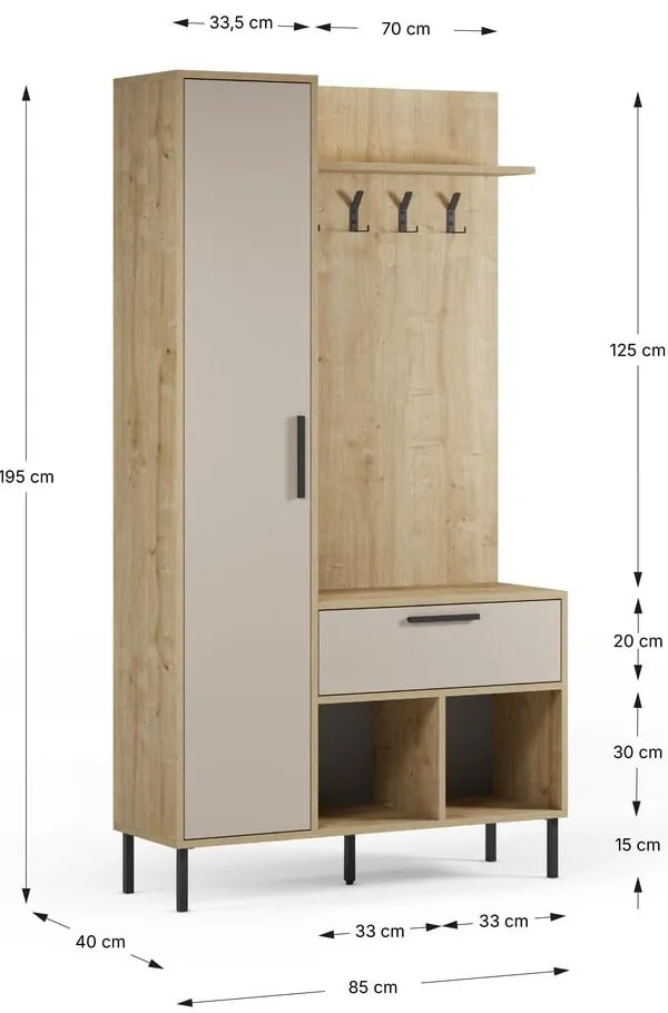 Set da ingresso effetto rovere con decoro crema-naturale 108x195x35 cm Heidy - Marckeric