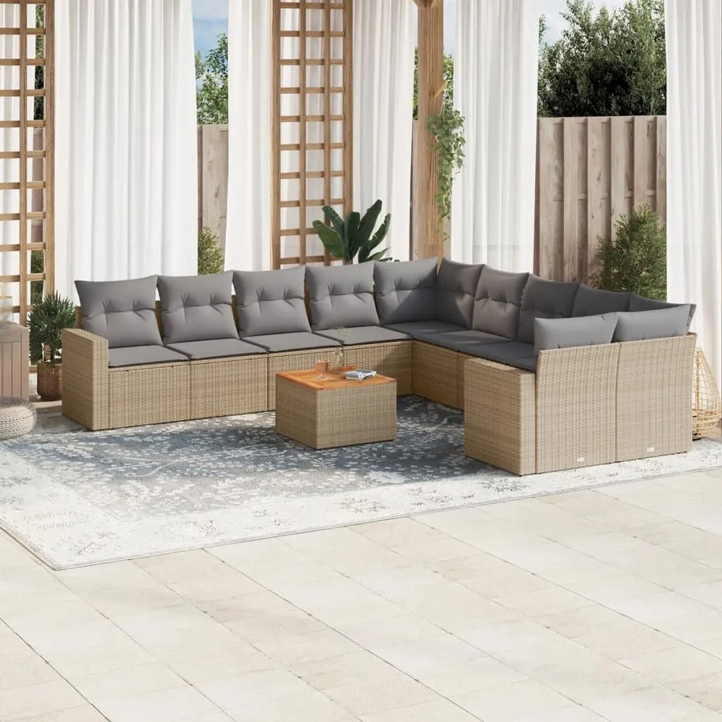 Set divano da giardino 11 pz con cuscini beige misto polyrattan