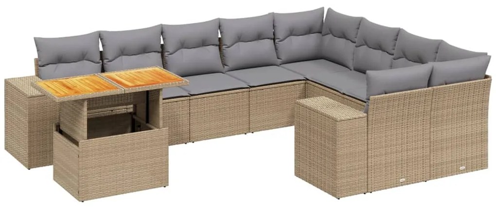 Set divano da giardino 10 pz con cuscini beige in polyrattan