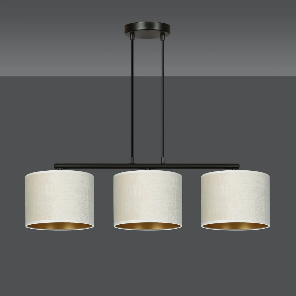 Lampadario 3 Luci Hilde In Acciaio Nero E Paralumi In Tessuto Beige