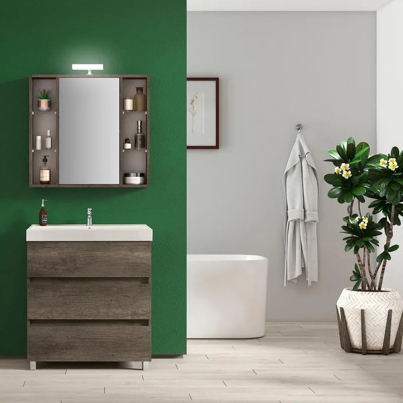 Mobile bagno da terra con lavabo L 80 x H 89 x P 46 cm rovere scuro 3 cassetti per vasca centrale Kora