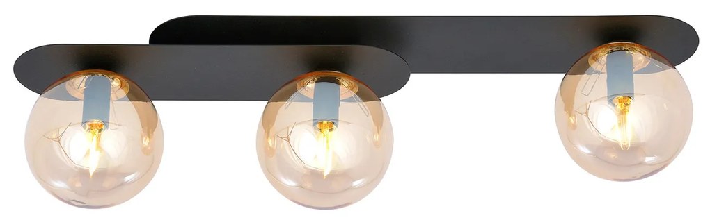 Plafoniera Minimal 3 Luci Teia In Acciaio Nero E Sfere Vetro Ambra
