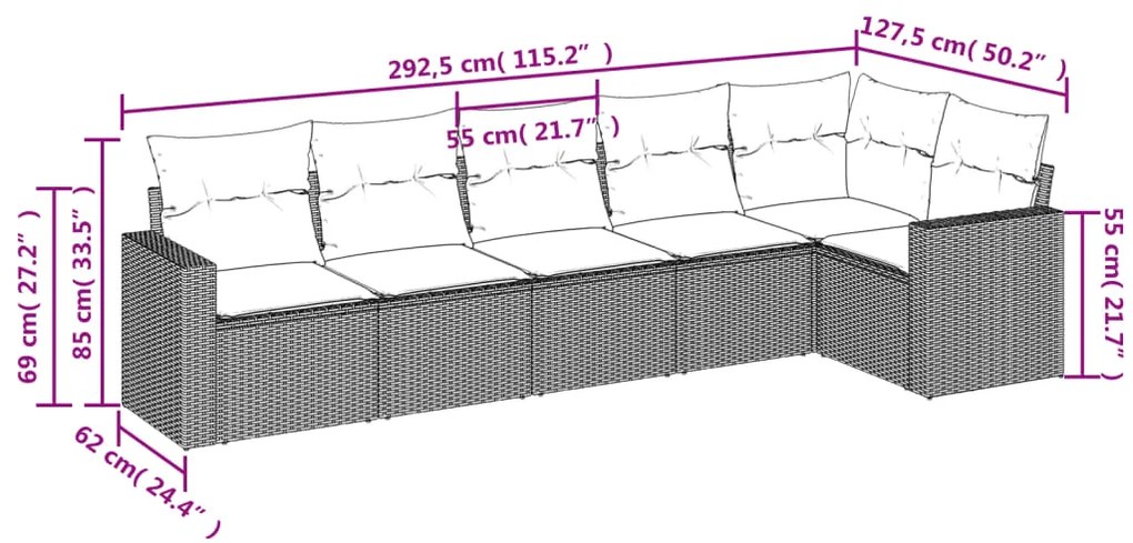 Set divano da giardino 6 pz con cuscini grigio in polyrattan