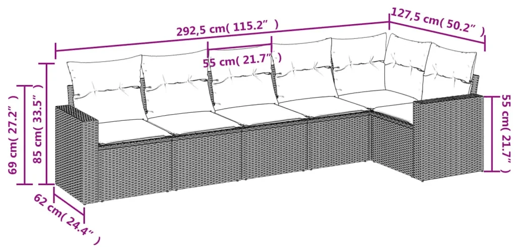 Set divano da giardino 6 pz con cuscini grigio in polyrattan