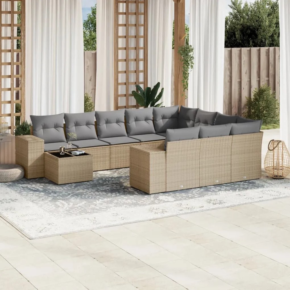 Set divani da giardino 11 pz con cuscini beige in polyrattan