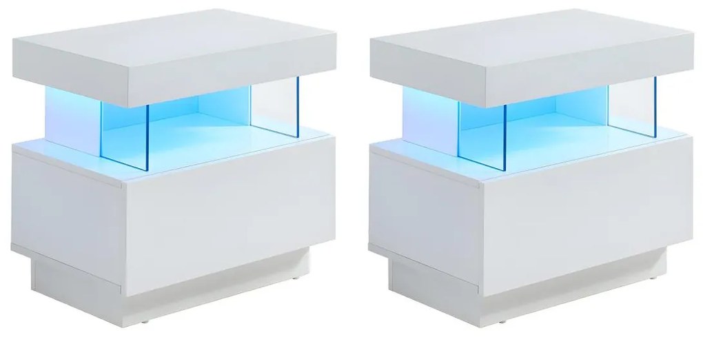 Comodino 1 cassetto e 1 nicchia Con LED MDF Bianco laccato - Lotto di 2 - FABIO II