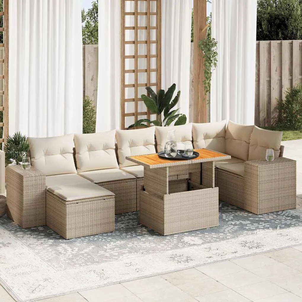 Set divano da giardino 8 pz con cuscini beige in polyrattan
